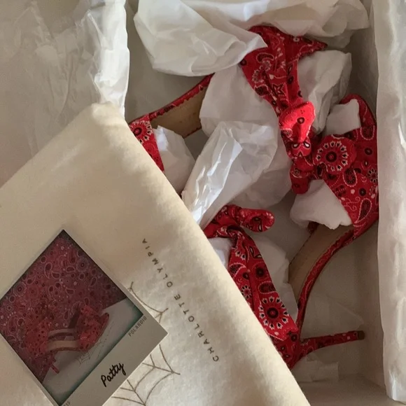 Charlotte Olympia PATTY Rodeo Red Bandana Print Crepe de Chine Heel SZ 38.5